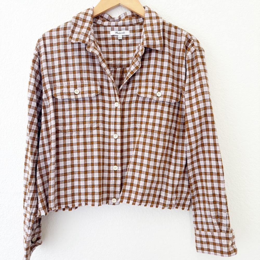 Madewell Brown plaid flannel cropped raw edge hem button‎ down top size Medium